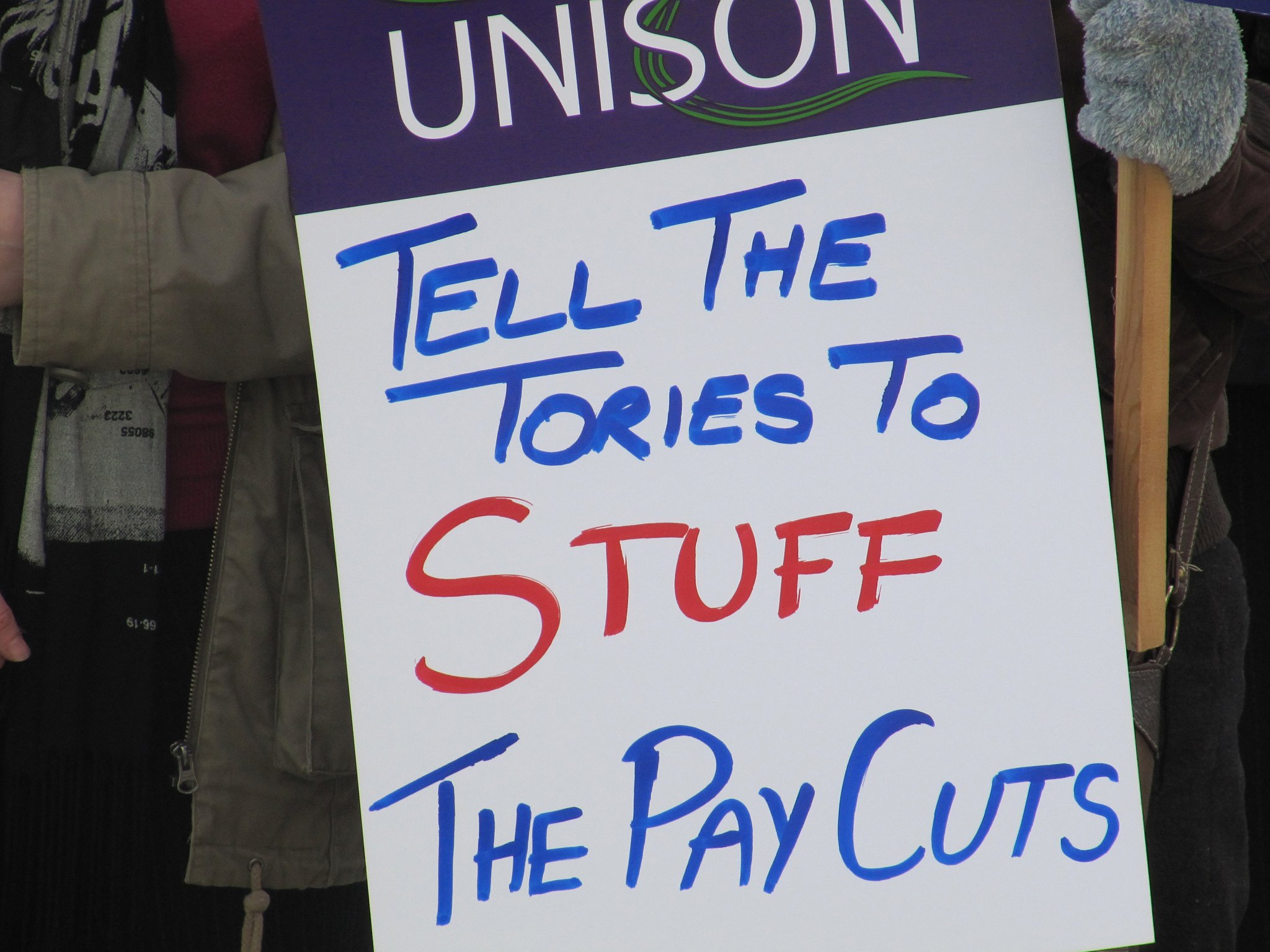 UNISON placard: Tell the Tories to stuff the pay cuts